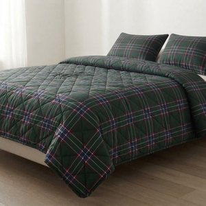 Juego de Cubrecama a Cuadros Verde Británico de 3 Piezas, con Costuras en Diamante, Mezcla de Algodón T-150, para Todas las Temporadas, Uso Doméstico, Duradero y Elegante - Product Image 1