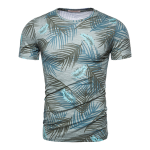 Men's Slim Fit Short Sleeve T-Shirt With Blue Palm <b>Leaf</b> Print O-Neck Casual Breathable Knitted Polyester Top - Product Image 5