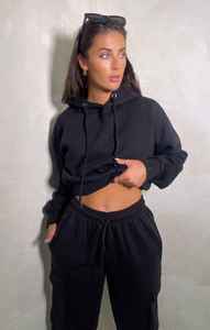 Sweat-shirt court à capuche noir pour femme, en molleton uni avec poches, coupe classique, style décontracté en coton tricoté pour l'automne - Product Image 6