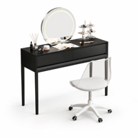 Coiffeuse moderne en verre éclairé avec miroir rond et chaise blanche pour chambre et salle de bain, personnalisable