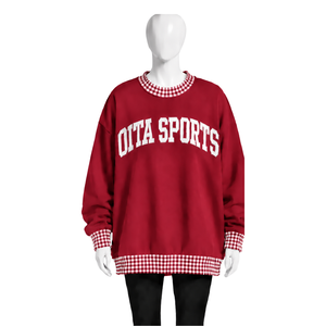 Mens <b>Maroon</b> Oversized Crewneck Sweatshirt Gingham Check Trim Long Sleeve Casual Pullover Fashion Streetwear Athletic Sports <b>Top</b> - Product Image 1