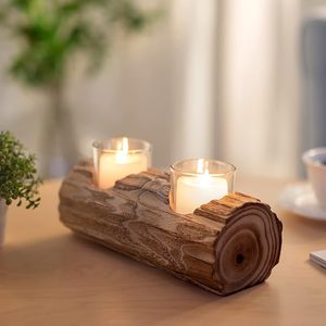 Rustic Wooden Log <b>Tealight</b> Candle <b>Holder</b> Decorative Table Centerpiece with Glass Votive Cups - Product Image 1