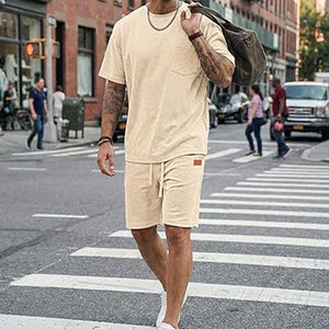Ensemble été homme en coton gaufré, t-shirt et short, vêtements de plage, tissu respirant, léger, vêtements décontractés - Product Image 6