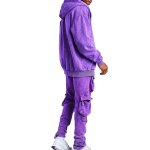 Men's Purple Acid Wash Tracksuit Full <b>Zip</b> <b>Hooded</b> Sweatshirt With Cargo Pants Solid Color 100% Cotton Casual Wear - Product Image 3