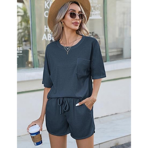 Women Waffle <b>Knit</b> Co Ord <b>Set</b> Loose Fit Short Sleeve Top and Casual Shorts Outfit Wholesale - Product Image 4