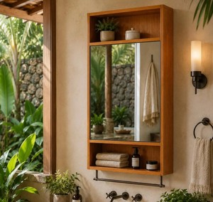 Mueble de Baño de Madera para Montar en la Pared con Puerta con Espejo, 2 Estantes y 2 Estantes Abiertos, Diseño Tropical - Product Image 1