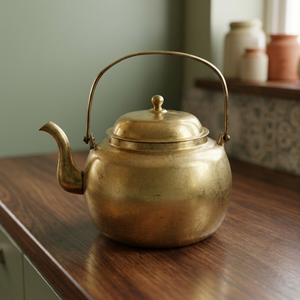 Vintage Brass Tea Kettle With Lid Handcrafted <b>Metal</b> Handle Traditional Water Pot Decorative <b>Teapot</b> Antique Inspired Kitchen - Product Image 4