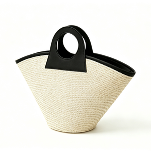 Customized Natural straw ring handle tote <b>bag</b>, black faux‑leather contrast trim woven handbag, fan‑shaped straw <b>basket</b> shopper - Product Image 5
