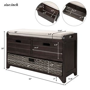 Fully Assembled Shoe <b>Storage</b> Bench with Removable Cushion and 2 Drawers Includes Removable <b>Basket</b> - Product Image 3
