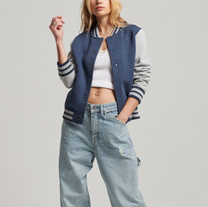 Veste universitaire bleu-gris pour femme, manches longues, col rabattu, simple boutonnage, matière polyester-coton contrastante, style automne - Product Image 1