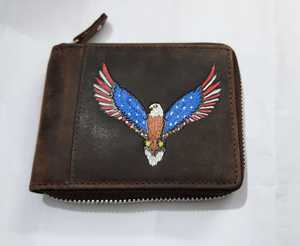Vintage Genuine Leather Zipper Wallet with Eagle Silk Screen Printing <b>Card</b> Holder - Product Image 1