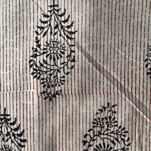 Tela de Algodón Estampada a Mano al por Mayor |   Tela Textil con Estampado Floral Negro y Rayas Rojas, Estilo Indio - Product Image 1