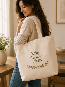 Bolsa de Lona Bordada con Diseño Floral 'Enjoy the Little Things', Estilo Asa Corta Beige, para Compras y Viajes - Product Image 4