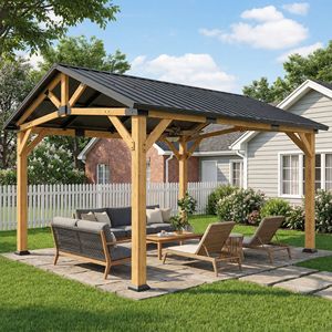 Gazebo con Tetto Rigido 13 X 11 Nero Grigio, Tetto in Metallo Zincato e Telaio in Legno di Abete con Gancio Centrale per Patio e Giardino - Product Image 2