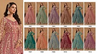 Conjunto Anarkali Semisellado de Tela de Red con Mariposas, Bordado Detallado y Abundante, Diseño de Fiesta, Vestido Indio Pakistaní