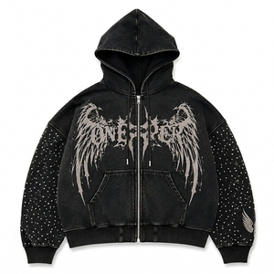 Sweat à capuche noir gothique pour homme avec fermeture éclair, motif ailes d'ange, manches ornées de strass, coupe oversize, streetwear, sweat à capuche personnalisé, vente en gros - Product Image 3