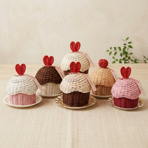 Handwoven Rattan Cupcake <b>Gift</b> Basket With Lid And With Heart Top For Ramadan Festive Decoration Supplier - Product Image 1