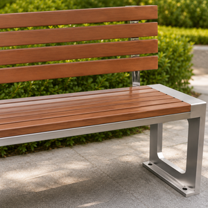 Banco de Parque Moderno de Madera con Estructura y Respaldo de Acero Inoxidable para Jardín, Patio y Espacios Públicos - Product Image 3