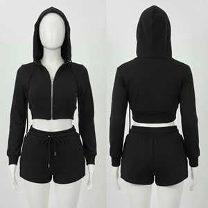 Sweat-shirt à capuche court noir pour femme, fermeture éclair, manches longues, en coton tricoté, pour l'automne, avec ensemble de shorts à cordon - Product Image 4