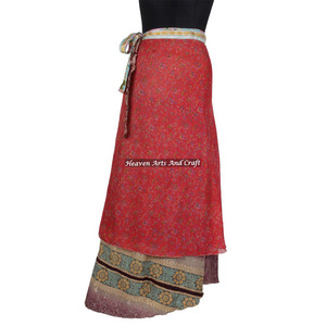 Beach Vintage Sari Silk Long <b>Wrap</b> <b>Skirt</b> Women Wear Vintage Silk Sari Long Length <b>Wrap</b> Around <b>Skirt</b> 2 Layer Reversible Magic 38" - Product Image 5
