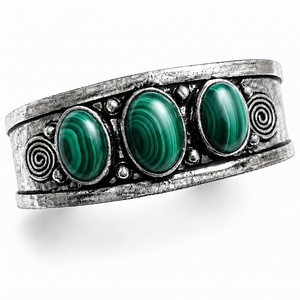 Bracelet manchette bohème en malachite à trois pierres ovales serties, fait main, en laiton plaqué argent/or, réglable, style vintage, pour femme - Product Image 1