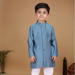Ensemble kurta bleu pour garçons, vêtements ethniques traditionnels, tenue de fête pour enfants, kurta longue, pyjama blanc, vêtements d'été confortables pour enfants - Product Image 1