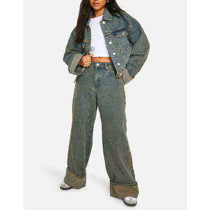 Chaqueta vaquera de mezclilla para mujer, estilo camionero, manga larga, cuello vuelto, cierre de botones, corte recortado, estilo otoñal, abrigo de algodón tejido - Product Image 2