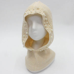 Cream Knitted Pearl Hooded Ear Muffs <b>Women</b> Winter Warm Face Cover - Product Image 1