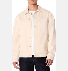 <b>Men's</b> Cream Canvas Shirt <b>Jacket</b> Turn-down Collar Button Front Solid Color Regular Fit Autumn Workwear Style - Product Image 1