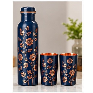 Juego de botellas de agua de cobre con diseño floral, acabado azul y cobre, portátil para viaje, con tapas. - Product Image 1