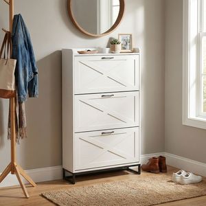Mobiletto con ante scorrevoli bianco anticato con 3 cassetti e pannello superiore, scarpiera grande capacità 80x24x145cm - Product Image 1