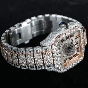 Montre de luxe pour homme avec diamants, boîtier carré en argent moissanite 36 mm, mouvement à quartz analogique ETA, cadran à chiffres romains, verre saphir - Product Image 1