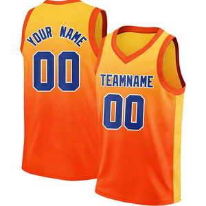 Maillot de basket personnalisé orange et jaune, col en V, sans manches, 100 % polyester, évacuation de l'humidité, nom et numéro de l'équipe, impression par sublimation - Product Image 1