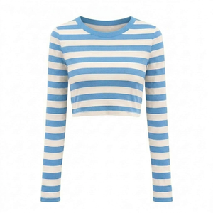 Camiseta personalizada al por mayor para mujer, de secado rápido, transpirable, de poliéster, de manga larga, estilo crop, con rayas blancas y azul cielo. - Product Image 1