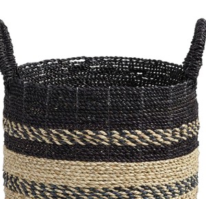 Wholesale Manufacturer Natural Seagrass <b>Basket</b> with Black and Natural Stripes Storage Laundry <b>Hamper</b> Bin with Handles - Product Image 3
