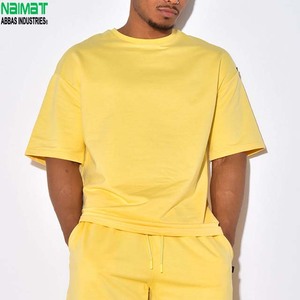 Men's Yellow Cotton T-Shirt <b>Set</b> Crew Neck Solid Color Casual Summer Breathable <b>Knitted</b> Short Sleeve Outfit - Product Image 4
