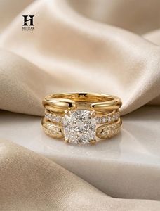 Luxury <b>Cushion</b> Cut Lab Grown Diamond Engagement <b>Ring</b> Set 3 Pieces Mixed Metal Yellow White Gold Bridal Stack - Product Image 1