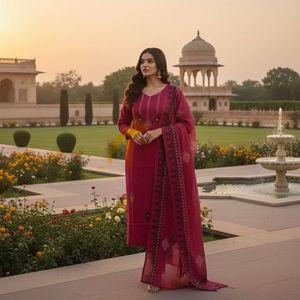 Ensemble Kurti en coton pur rouge cerise imprimé à la main avec dupatta en coton Mul et travail de miroir - Product Image 2