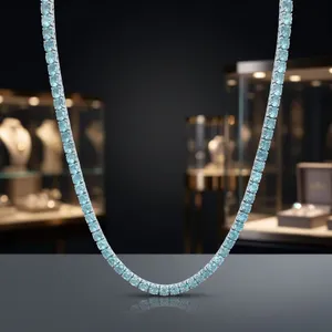 Collier tennis en saphir bleu glace naturel 4x4 MM, chaîne à maillons en argent sterling plaqué or 18 carats, ethnique, pour anniversaire, fête - Product Image 4