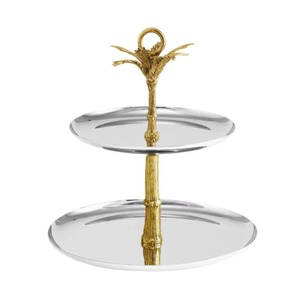 Plateau de service en métal à deux niveaux, très demandé, avec motif feuille d'or, support à dessert rond élégant pour présentation de fête - Product Image 2