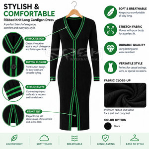 Vestido Maxi de Punto Acanalado para Mujer, Estilo Sorority de Cosh International, Cuello en V, Manga Larga, con Rayas en Contraste - Product Image 6