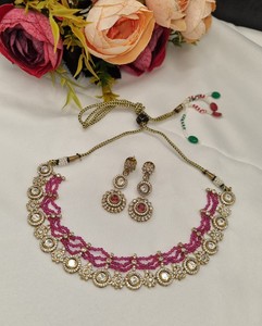 Delicate Crystal Beaded Kundan Necklace <b>Set</b> Antique Gold Plated Choker with Matching Earrings Designer Ethnic <b>Bridal</b> <b>Jewelry</b> <b>Set</b> - Product Image 3