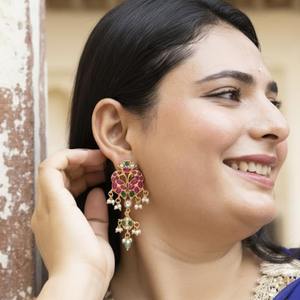 Gulnar Inspired Handcrafted Kundan Earrings <b>Set</b> In Dark Green Gajaah 925 Sterling Silver For <b>Women</b> Special Occasions - Product Image 1
