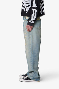 Jeans en denim pour homme de haute qualité, personnalisés, bleu délavé vintage, déchirés, coupe large, style streetwear, hip-hop, Y2K, OEM ODM, coton - Product Image 2