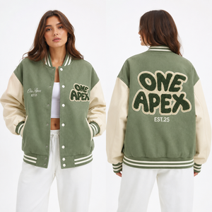 Veste universitaire sur mesure vert sauge pour homme, veste en laine mélangée, veste de style Letterman, patch en chenille, veste bomber universitaire, OEM Streetwear - Product Image 1