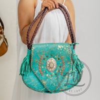 Bolso con flecos de cuero de vaca de bronce LW piedra turquesa adornado país occidental vaquera estilo gitano bolso