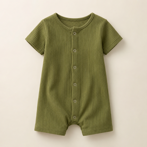 Combinaison à manches courtes pour bébé en coton 100% vert olive |   Combinaison bébé unisexe personnalisée avec logo, boutons-pression, tricotée, pour un usage quotidien - Product Image 1