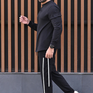 Men's <b>Black</b> <b>Long</b> Sleeve O-Neck <b>T</b>-<b>Shirt</b> Regular Fit Knitted 100% Cotton Casual Solid Color Contrast Trim Front Quick Dry - Product Image 4