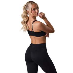Soutien-gorge de sport noir pour femme avec logo personnalisé, double bretelle, sans couture, crop top d'entraînement à fines bretelles, ensemble de fitness et de gym, vêtements de sport, vente en gros - Product Image 2