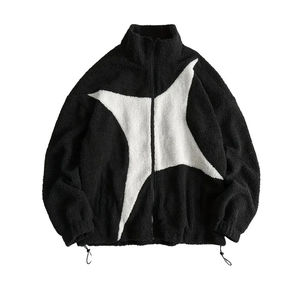 Veste zippée en polaire sherpa noire personnalisée avec patchwork étoilé contrastant sur le devant, vêtement d'extérieur décontracté chaud pour l'hiver - Product Image 6